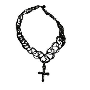 Black Whimsigoth Tattoo Choker Necklace Cross Pendant Y2K Style Emo Grunge Witch